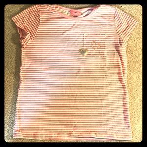 Pink, white, and gold striped shirt with hearts